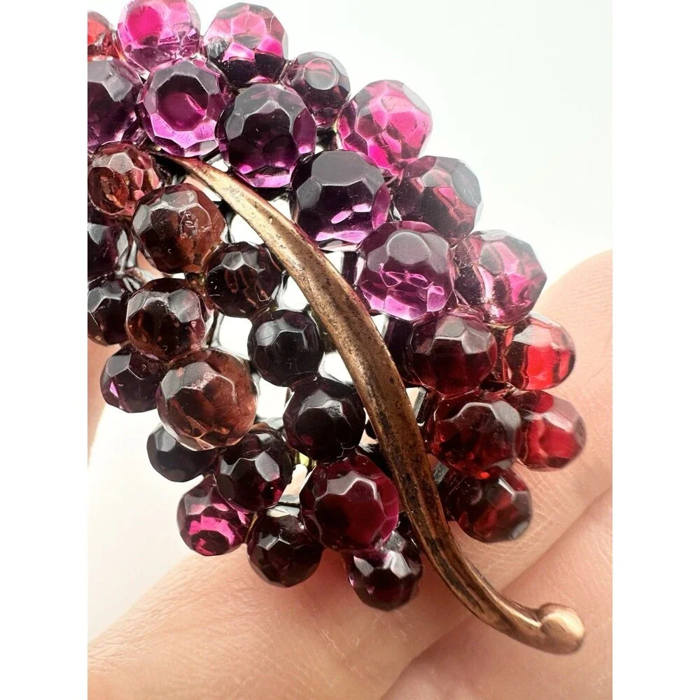 Gold Tone Leaf Fuchsia Glass Briolette Brooch